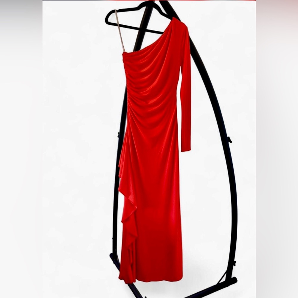 Halston Orange One-Shoulder Ruched Evening Dress